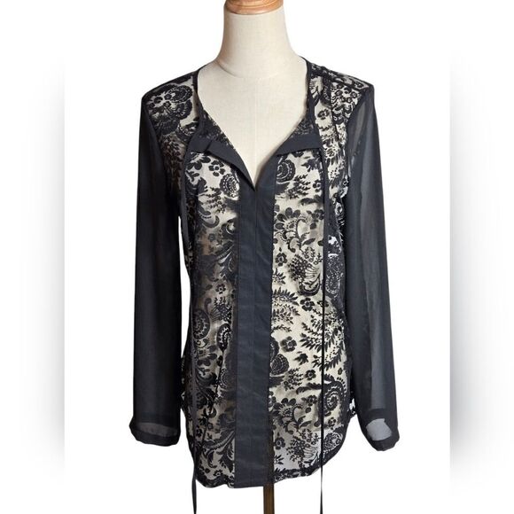 mark. Tops - MARK Black Sheer Lace Tie Neck Blouse